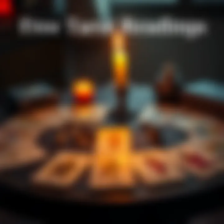 A table with tarot cards spread out and a lit candle, inviting people to get free readings.