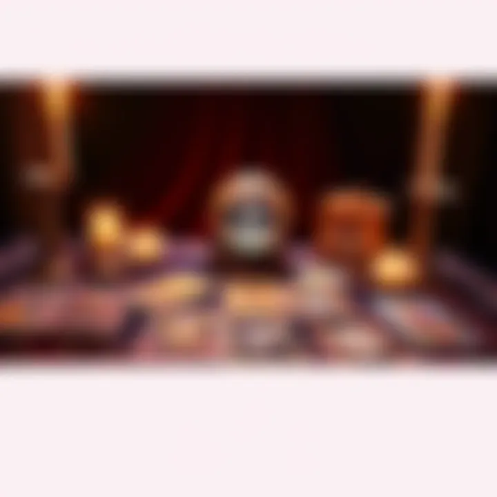 A table with tarot cards spread out, candles lit, and a crystal ball