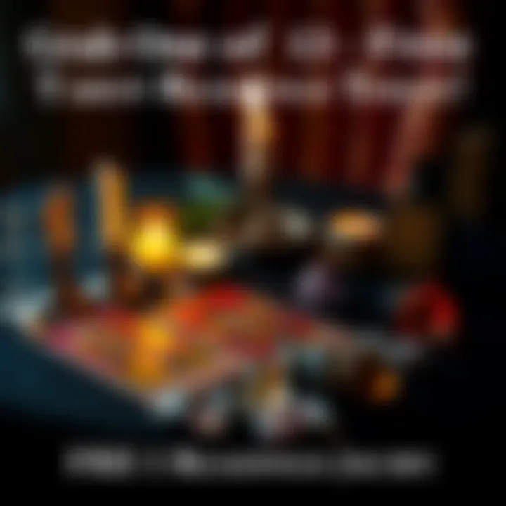 A table set up for tarot card readings featuring a deck of tarot cards, a candle, and crystals