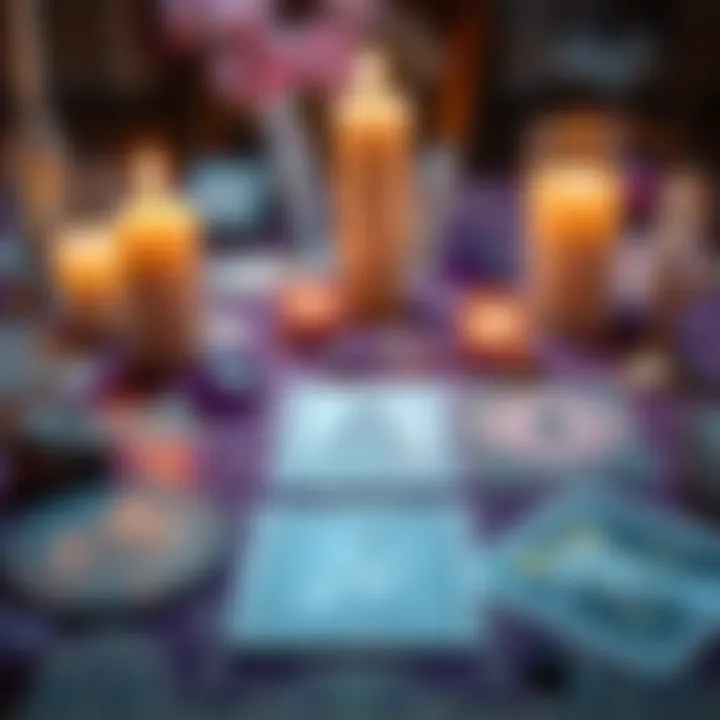 A tarot card spread on a table with candles and crystals around it, inviting a warm atmosphere for a reading about love and career.