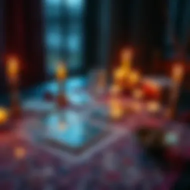 A tarot reader's table with a spread of colorful tarot cards and candles, inviting people for a reading