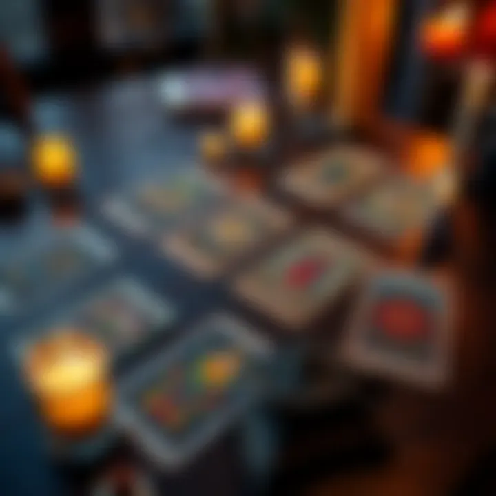 A set of colorful tarot cards spread out on a wooden table with candles and crystals nearby