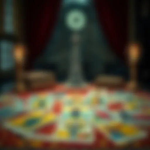 A tarot card reading showing The Tower card, symbolizing upheaval and change in a relationship, with cards spread out on a table