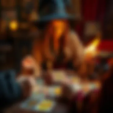 A seasoned witch performing tarot readings with colorful cards spread out, inviting people for guidance