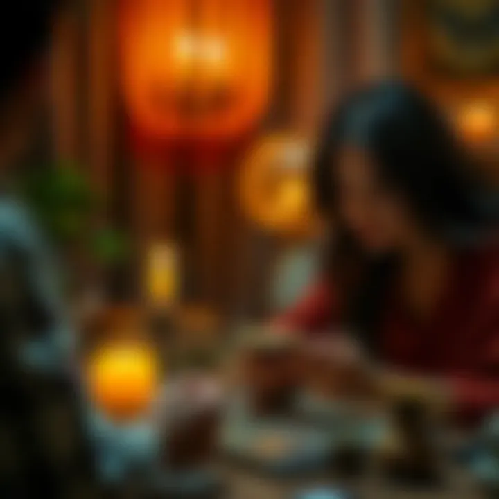 A person gently reading tarot cards for someone who appears thoughtful and reflective, surrounded by warm candlelight and calming decor.