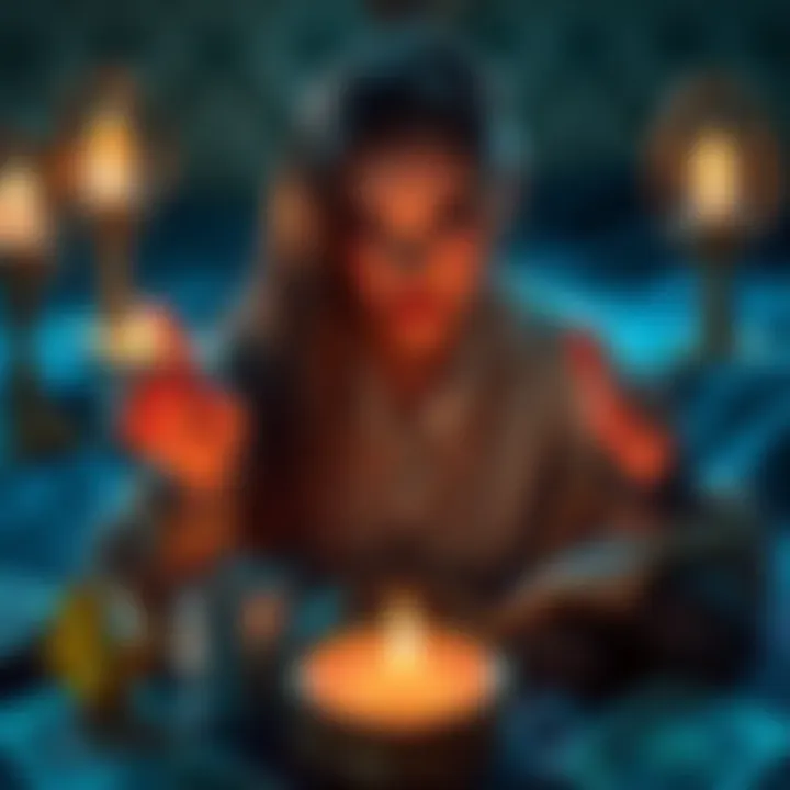 A person asking a yes or no question during a tarot reading session with Thea, surrounded by tarot cards and crystals