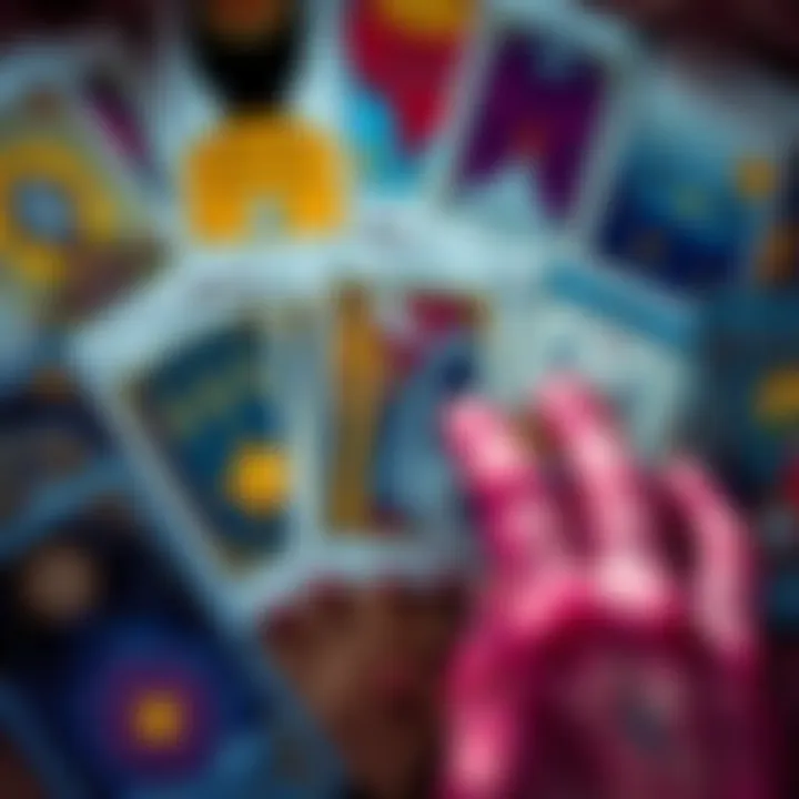 A spread of tarot cards with a focus on yes/no readings, featuring vibrant illustrations and a hand placing a nickname next to them.