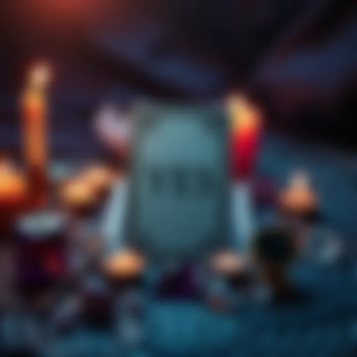 A tarot card spread with a prominent yes/no card displayed, surrounded by candles and crystals for insight.