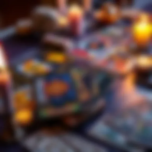 A spread of colorful tarot cards on a table with candles and crystals around them