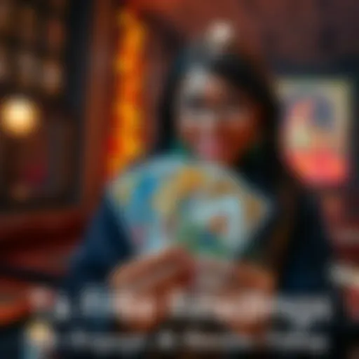 A person holding tarot cards with a welcoming expression, inviting others to engage and ask questions about the readings.