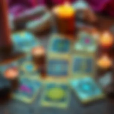 A colorful spread of tarot cards with symbols representing themes for April readings, surrounded by candles and crystals.