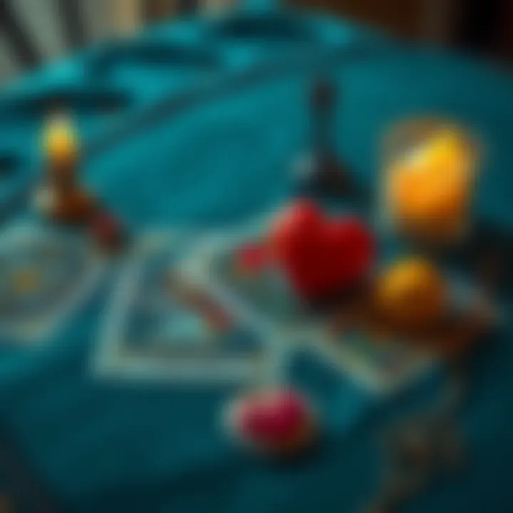 Tarot Card Readings A tarot reader's table with three tarot cards spread out and a heart emoji nearby. The scene shows a welcoming atmosphere for free readings.