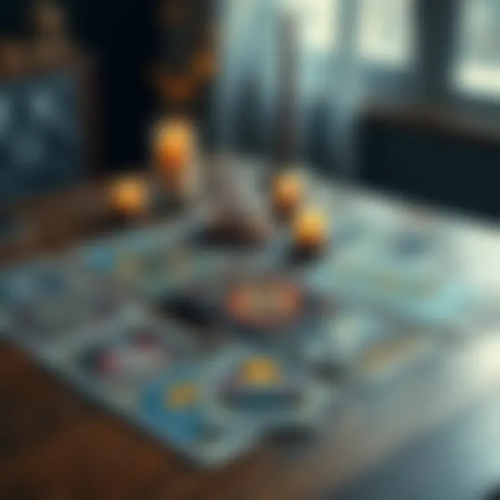 A spread of colorful tarot cards laid out on a wooden table, with candles and crystals around them