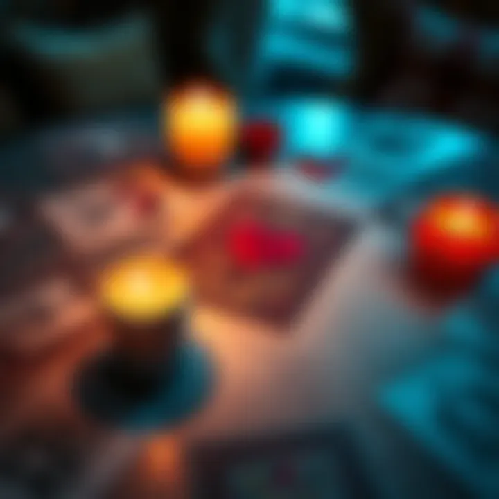Tarot cards with a heart symbol A table with tarot cards spread out, featuring a heart symbol in the center, candles lit around, and a cozy atmosphere.