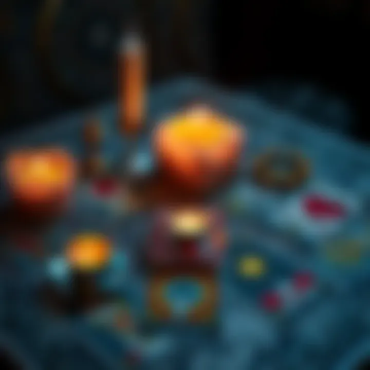 A tarot card spread featuring cards related to love, health, and finance, with candles and crystals on a table