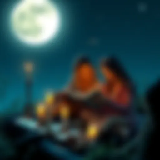 Two friends sit together under a full moon, surrounded by tarot cards and candles, sharing their insights and experiences.