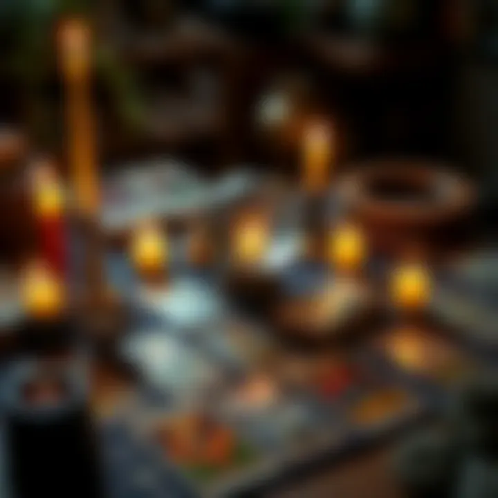 A tarot setup with cards laid out on a table, surrounded by candles and a crystal ball, inviting people for free readings.