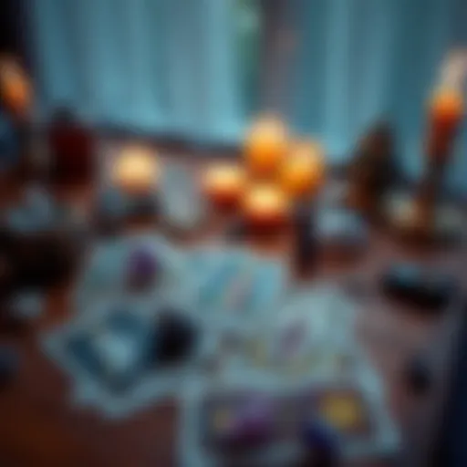 A set of tarot cards surrounded by crystals and candles on a wooden table, inviting viewers to explore free mini tarot readings.