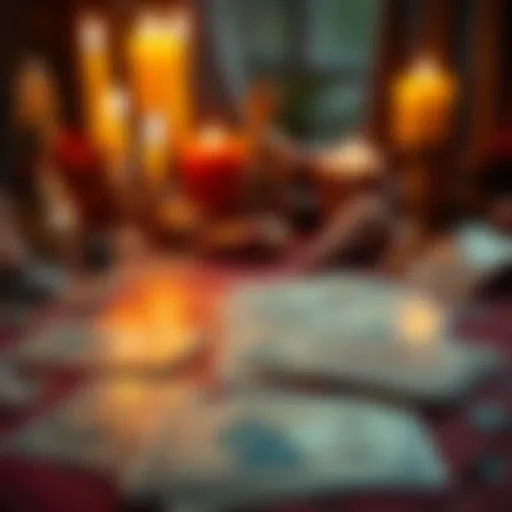 A set of tarot cards laid out on a table with candles and crystals in the background, symbolizing free tarot readings.