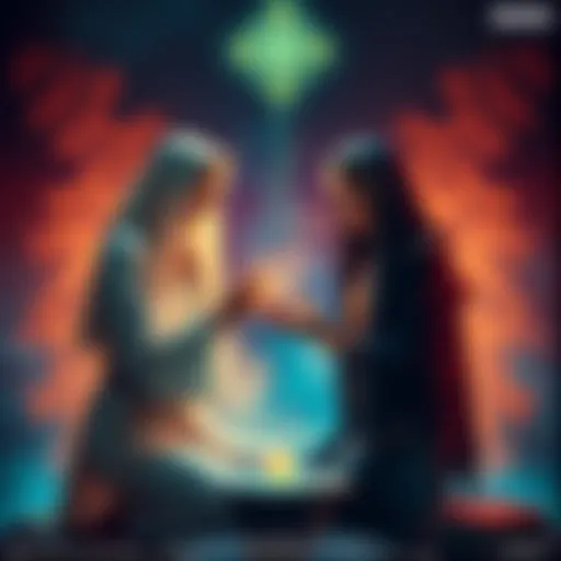 A healer and a tarot reader exchanging services, symbolizing the trade of reiki sessions for tarot readings, with tarot cards and healing symbols present.