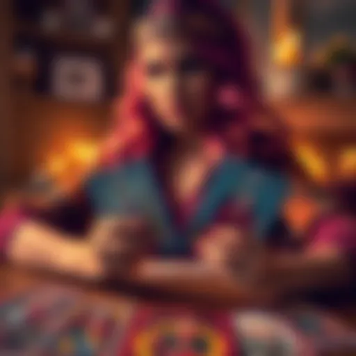 A tarot card spread with a woman looking contemplatively at the cards, symbolizing her thoughts about her relationship with her boyfriend.