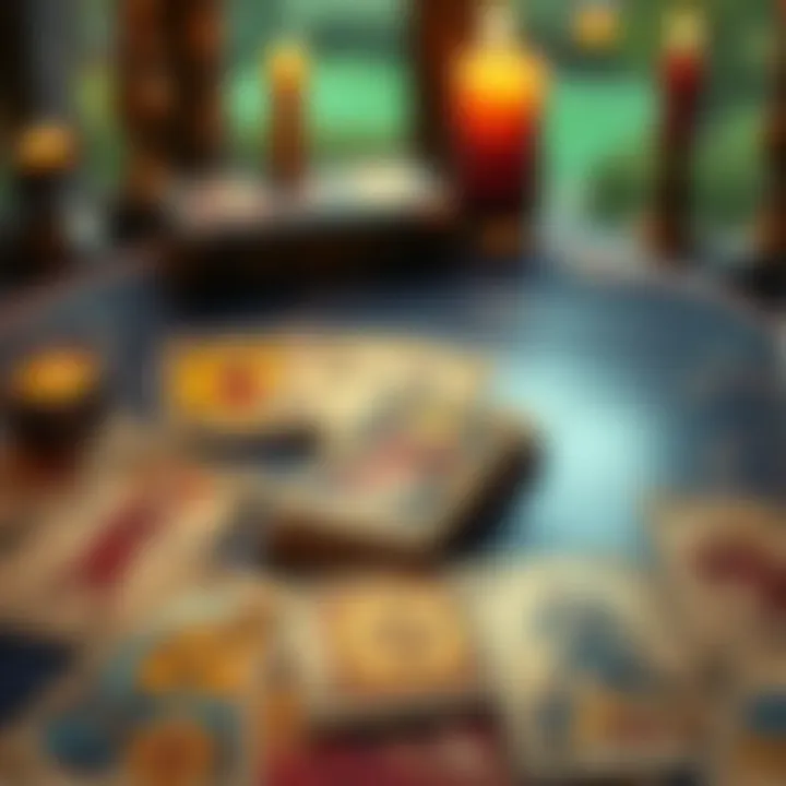 Tarot Reading and Relationship Insights A tarot card spread placed on a table, symbolizing insight into a past relationship and feelings of regret, with cards illustrated in a mystical style.