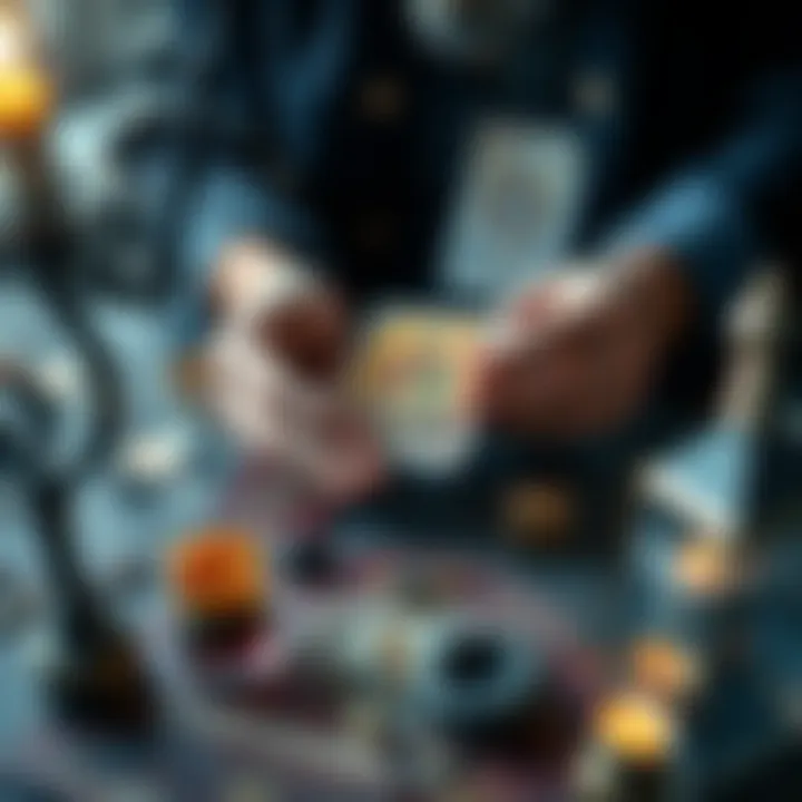 A person holding tarot cards and runes with mystical items on a table