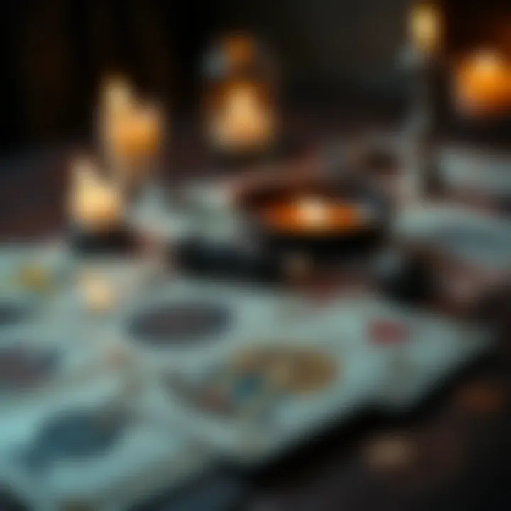 A spread of tarot cards with a focus on symbols for love and separation, set on a wooden table with candles burning softly in the background.