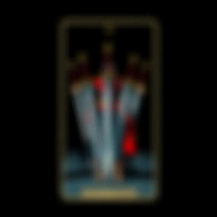Illustration of the Seven of Swords tarot card showing a figure holding five swords, with two swords left behind, set against a dark background