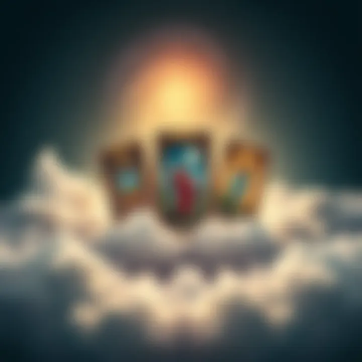 A mystical tarot spread featuring three cards, symbolizing conflict and new beginnings against a backdrop of swirling clouds.