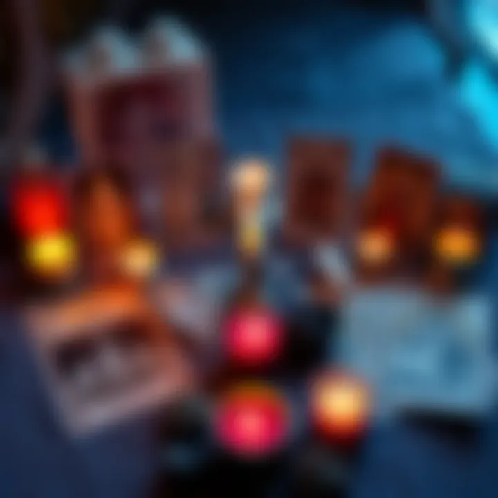 A tarot spread featuring cards representing deities, surrounded by candles and crystals, focusing on themes of family and growth