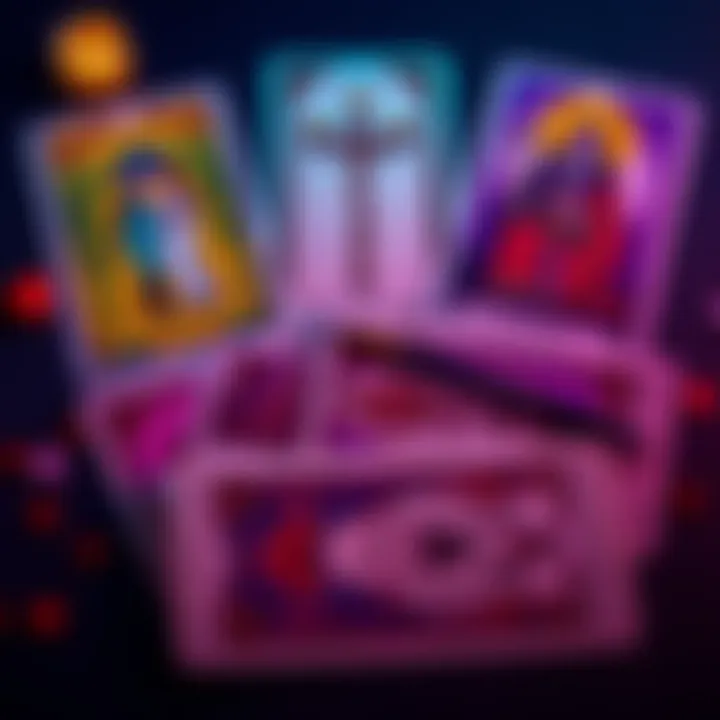 Tarot cards spread with love symbols A spread of tarot cards featuring the Lovers card, Six of Wands, and the reversed Hierophant, symbolizing insights about pregnancy and relationships.