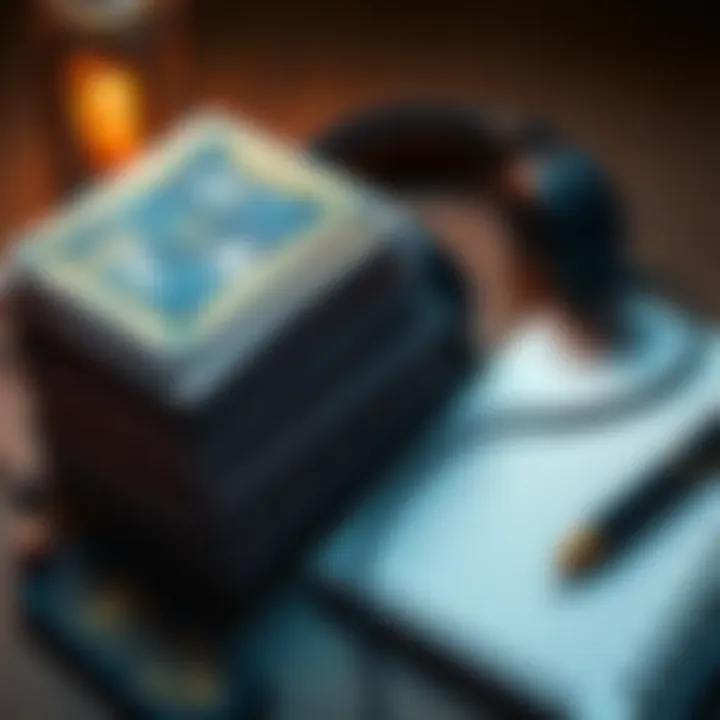 A stack of tarot cards beside a notepad and headphones, symbolizing personal growth through subliminal techniques.