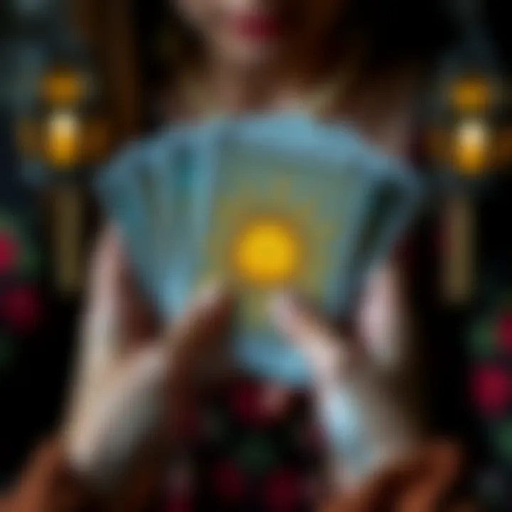 A close-up of hands holding tarot cards with the Sun card prominently displayed, symbolizing positive insights after a first date.