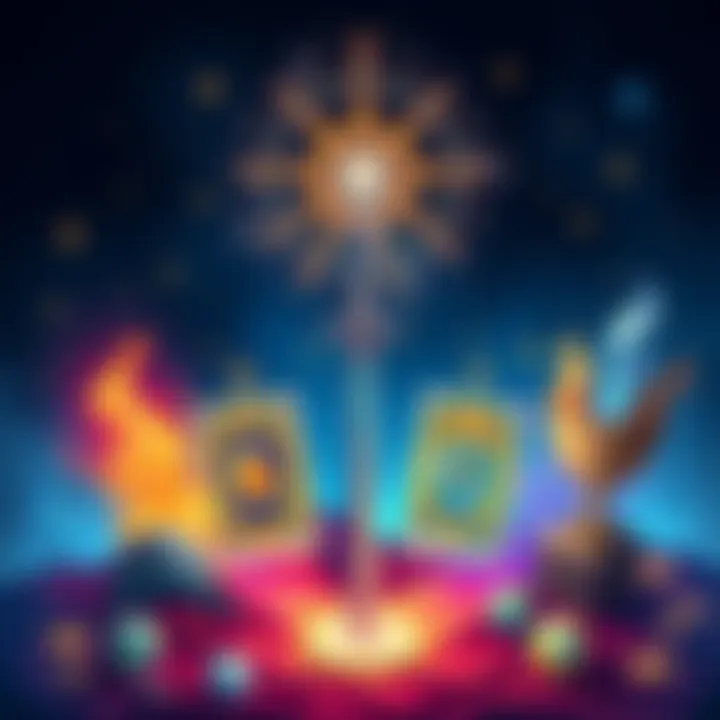 A colorful illustration showing tarot cards representing Pentacles, Wands, Swords, and Cups, with symbols of Earth, Fire, Air, and Water nearby.