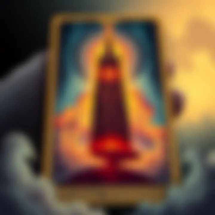 A tarot card showing the Tower, representing upheaval and change, with a mystical backdrop