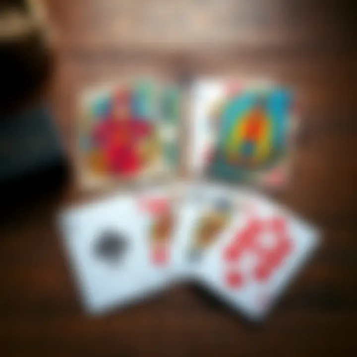 A side-by-side view of Tarot de Marseille cards and standard playing cards on a wooden table. The Tarot cards show vibrant illustrations while the playing cards feature standard suits.