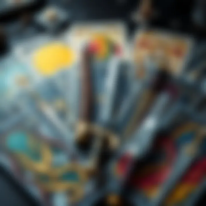 A spread of Tarot cards featuring Wands and Swords, symbolizing time interpretations in readings.