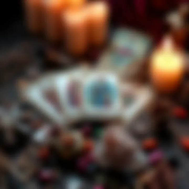 A set of tarot cards surrounded by candles, crystals, and herbs, symbolizing the connection between tarot and witchcraft