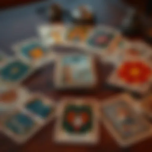 A set of tarot cards laid out, showing some cards facing upright and others facing downwards, suggesting the concept of upright and reversed readings.