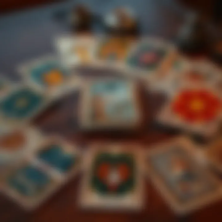 A set of tarot cards laid out, showing some cards facing upright and others facing downwards, suggesting the concept of upright and reversed readings.