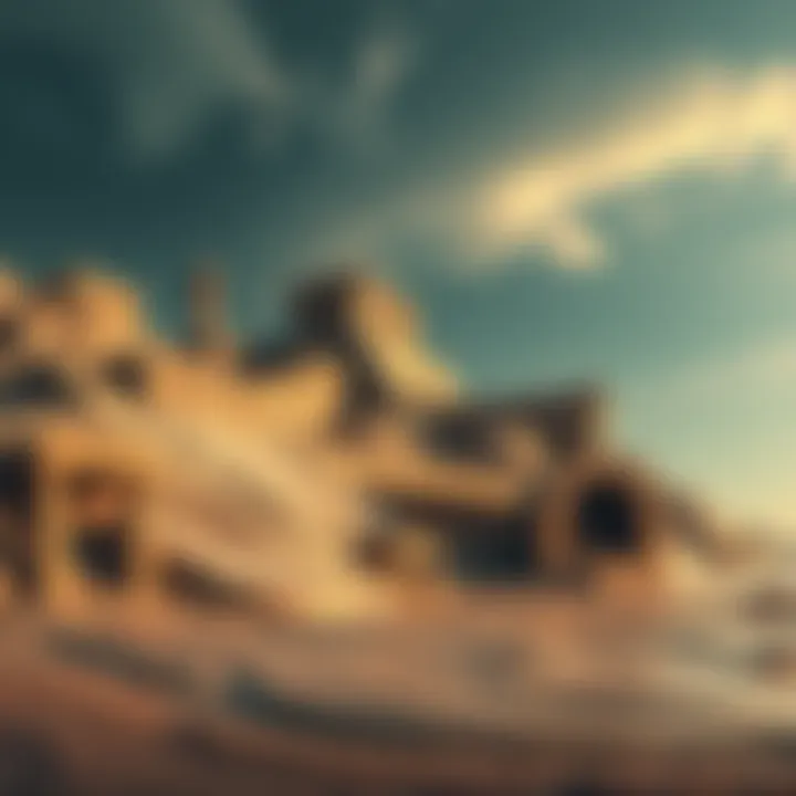 A visual representation of Tartaria showing ancient architecture partially buried in mud, illustrating the concept of the mud flood theory and its historical significance.