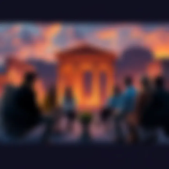 A group of people engaged in a discussion about the Tartaria Theory, with images of ancient architecture in the background.