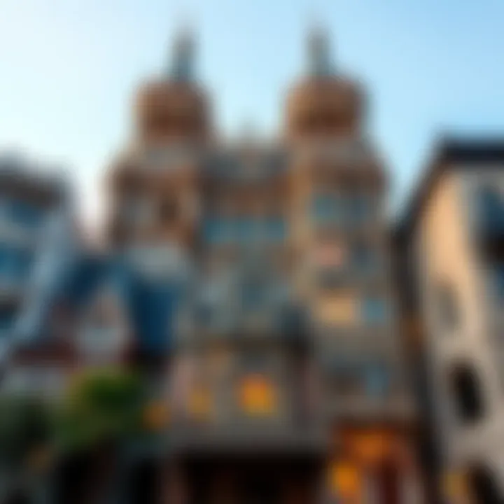 A grand Tartarian-style building towering over smaller structures, showcasing intricate designs and historical details.