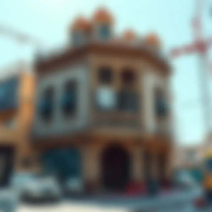 Tartarian Building Being Renovated A Tartarian architectural structure with intricate designs being renovated, surrounded by construction materials and workers, showing signs of gentrification.