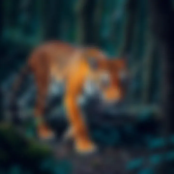 A Tasmanian Tiger, also known as Thylacine, cautiously moves through a dense Tasmanian forest, showcasing its stripes and unique features.