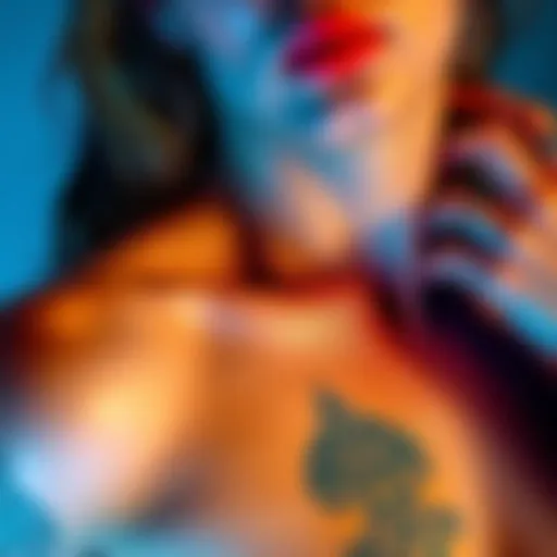 Close-up of an adult actress showing her tattoo, revealing intricate designs that may hint at her personal story.