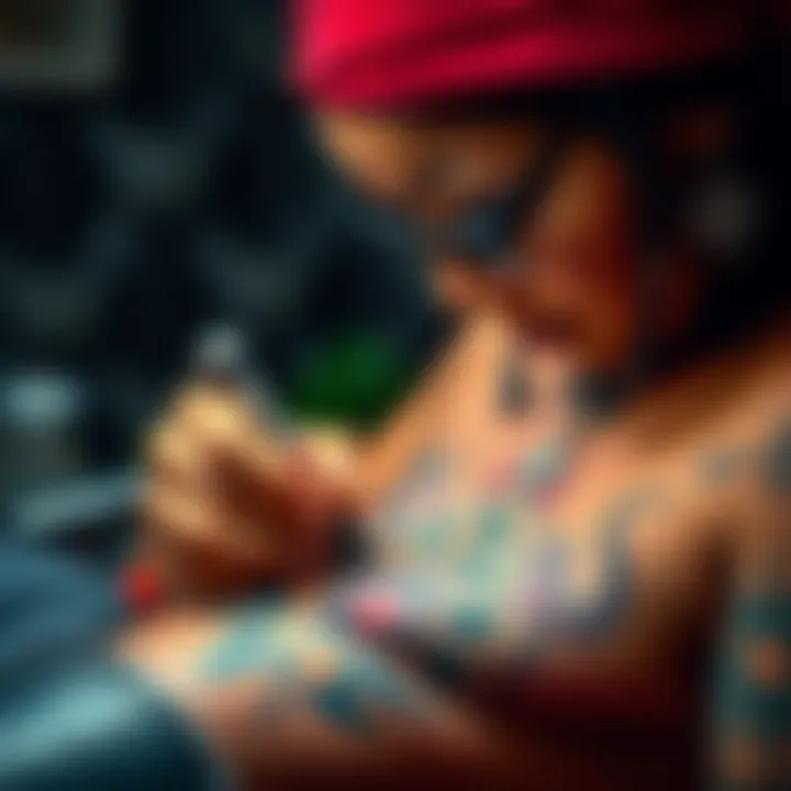 A tattoo artist in New Jersey carefully applying ink to a client’s skin, showcasing a Mami-inspired design, with colorful ink and spiritual symbols visible.