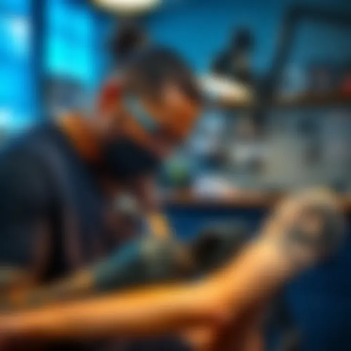 Tattoo artist working on a design A tattoo artist in Plymouth creating a detailed ink design on a client's arm in a bright studio setting
