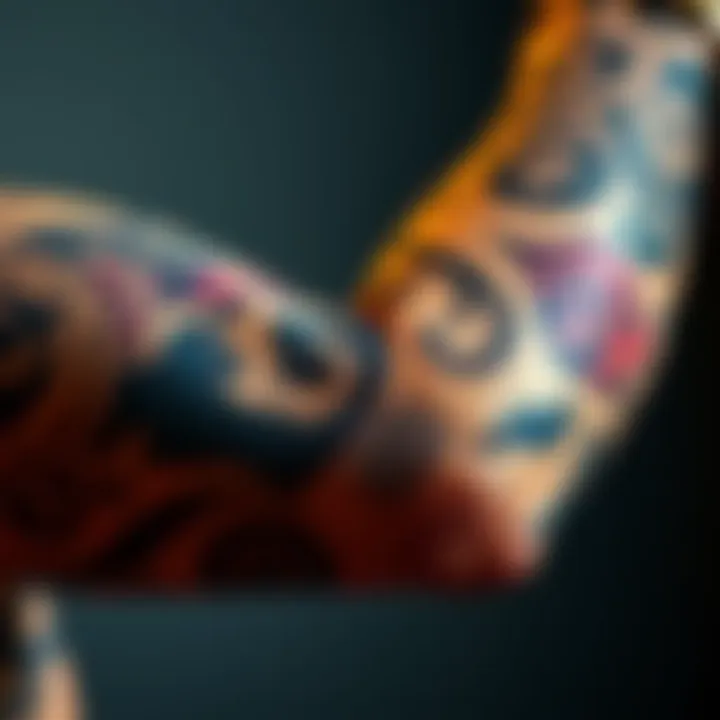 A close-up of a tattooed arm showcasing various designs and symbols, representing personal identity and cultural significance.